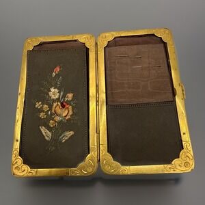 Antique Victorian Leather Floral Embroidered Coin Card Sewing Case RARE